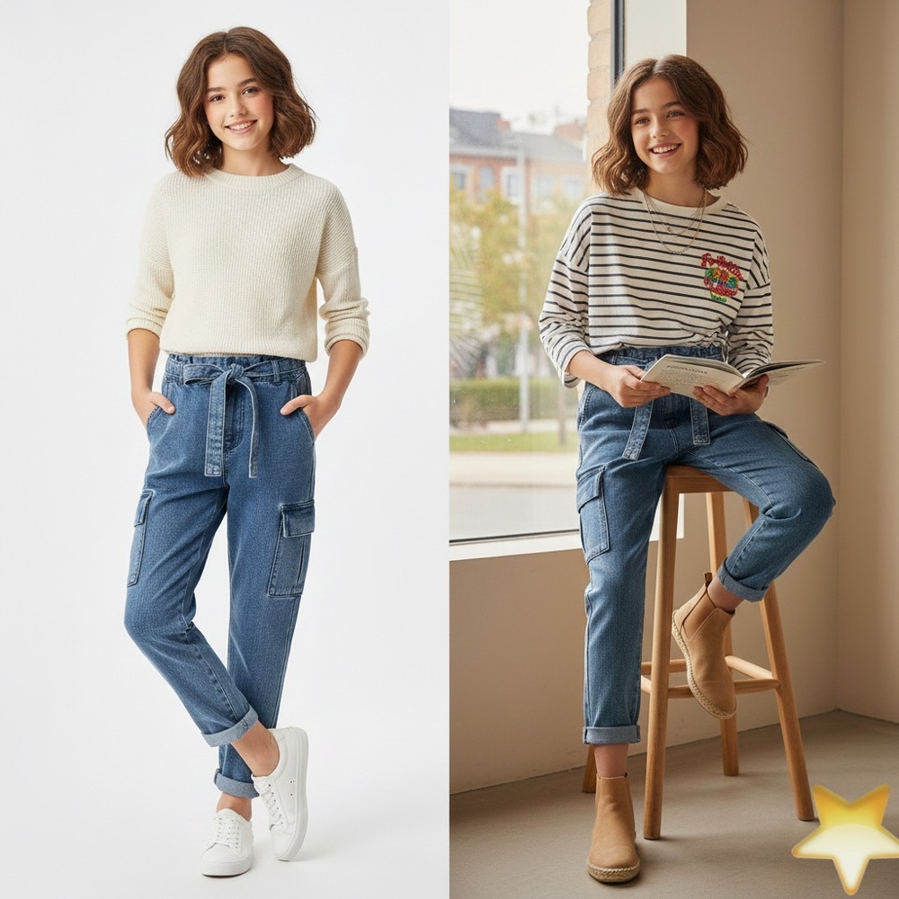 Epic Threads Girls Cargo Jeans Elastic Waist‎ Tie Blue Size M